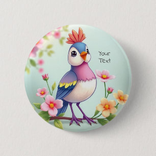 Cute Blue Pink Bird Floral Button