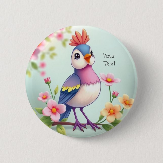 Cute Blue Pink Bird Floral Button (Front)
