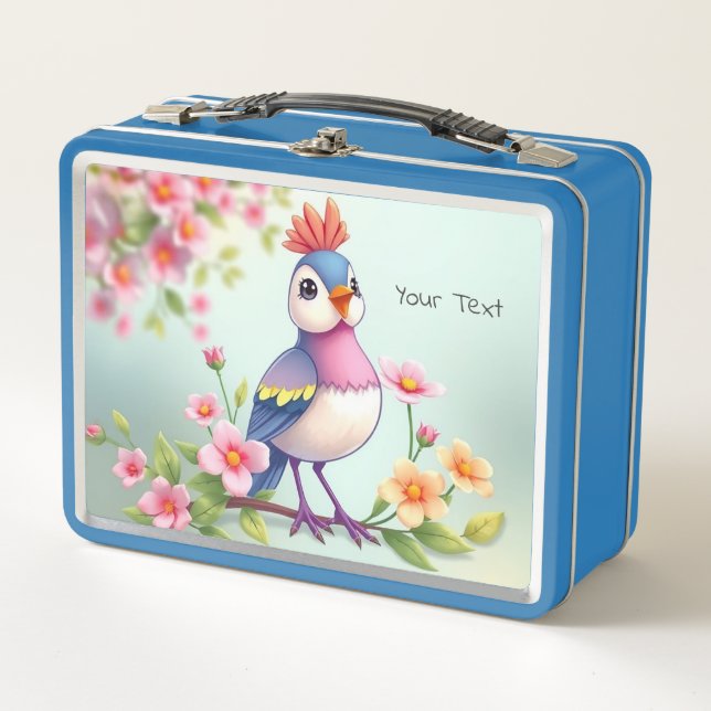 Cute Blue Pink Bird Floral Metal Lunch Box (Front)
