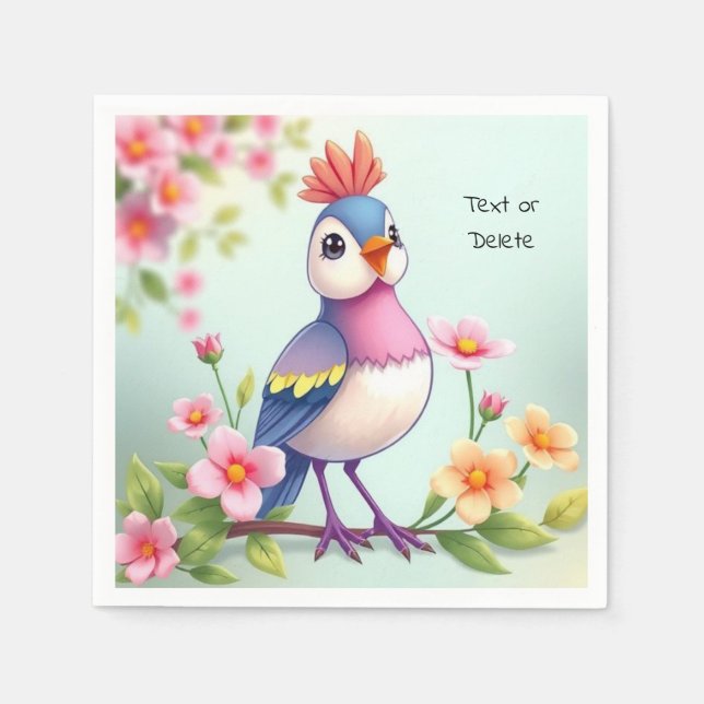 Cute Blue Pink Bird Floral Napkins (Front)