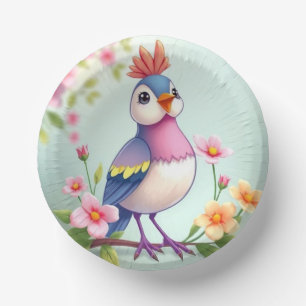 Cute Blue Pink Bird Floral Paper Bowl Plate