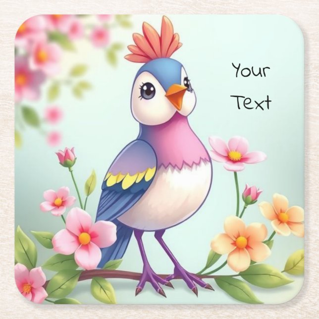 Cute Blue Pink Bird Floral Paper Coaster (Front)