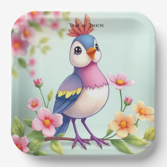Cute Blue Pink Bird Floral Paper Plate (Front)