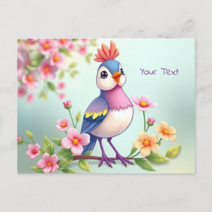 Cute Blue Pink Bird Floral Postcard