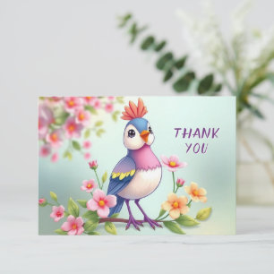Cute Blue Pink Bird Floral Thank You Card
