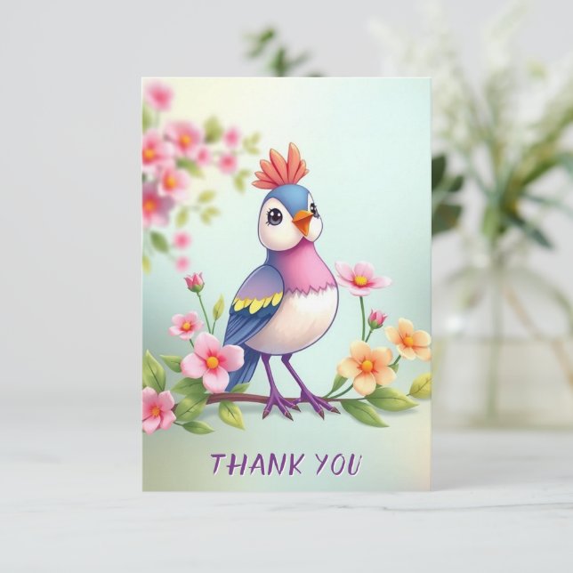 Cute Blue Pink Bird Floral Thank You Card (Standing Front)