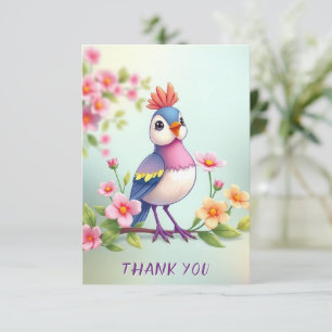 Cute Blue Pink Bird Floral Thank You Card