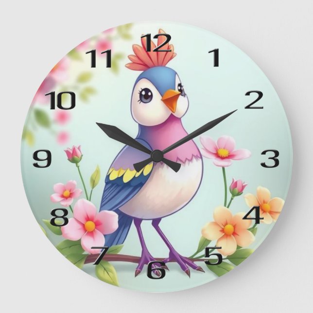 Cute Blue Pink Bird Floral Wall Clock (Front)