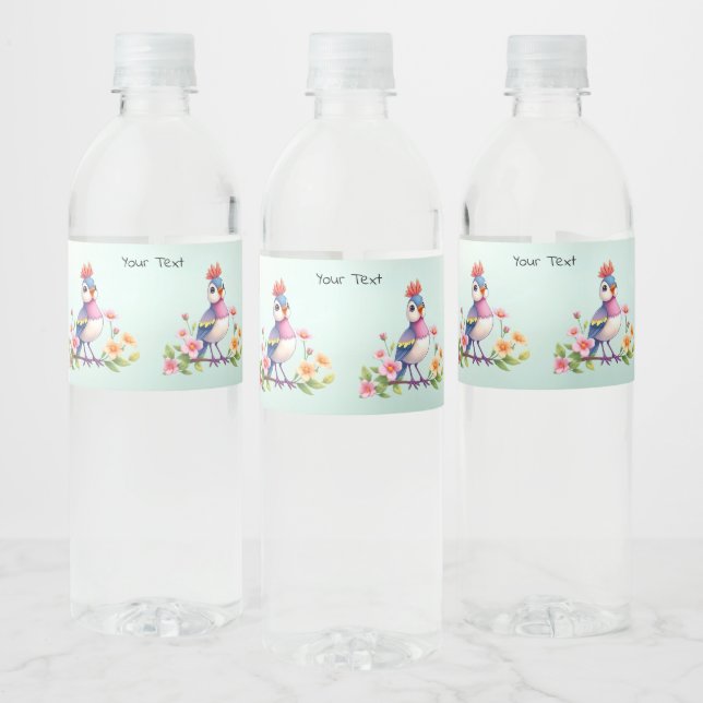 Cute Blue Pink Bird Floral Water Bottle Label (Bottles)