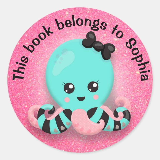 Cute Blue Pink Black Striped Octopus Glittery Pink Classic Round Sticker (Front)