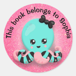 Cute Blue Pink Black Striped Octopus Glittery Pink Classic Round Sticker