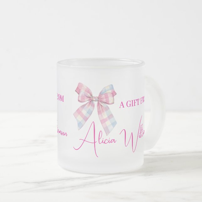 Cute  Blue & pink Bow Personalised Gift From Frosted Glass Coffee Mug (Front Right)