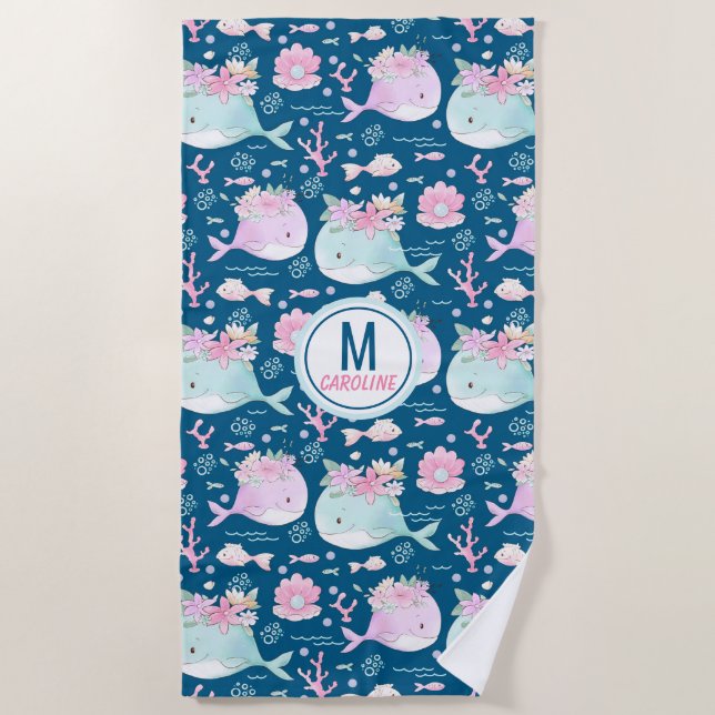 Cute Blue Pink Floral Whales Monogram Beach Towel (Front)