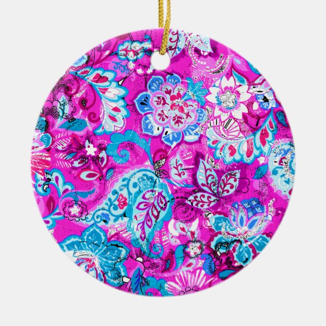 Cute blue pink flowers patterns ceramic tree decoration (Front)