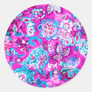 Cute blue pink flowers patterns classic round sticker