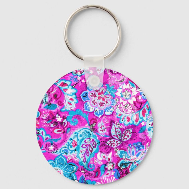 Cute blue pink flowers patterns key ring (Front)
