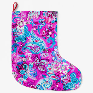 Cute blue pink flowers patterns large christmas stocking