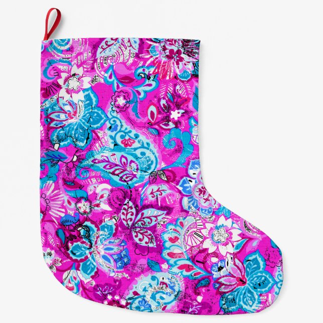 Cute blue pink flowers patterns large christmas stocking (Front)