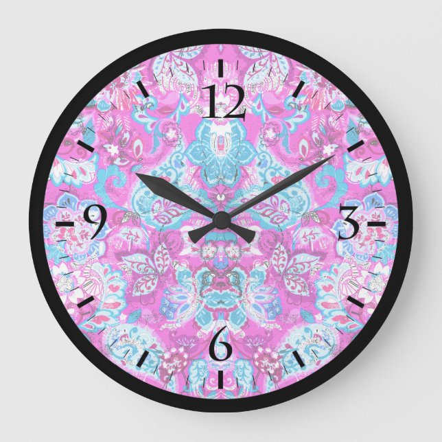 Cute blue pink flowers patterns large clock (Front)