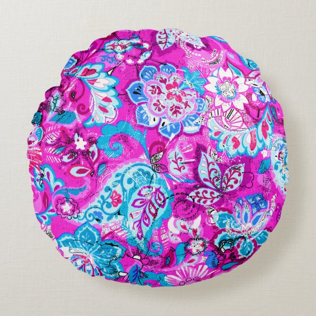 Cute blue pink flowers patterns round cushion (Front)
