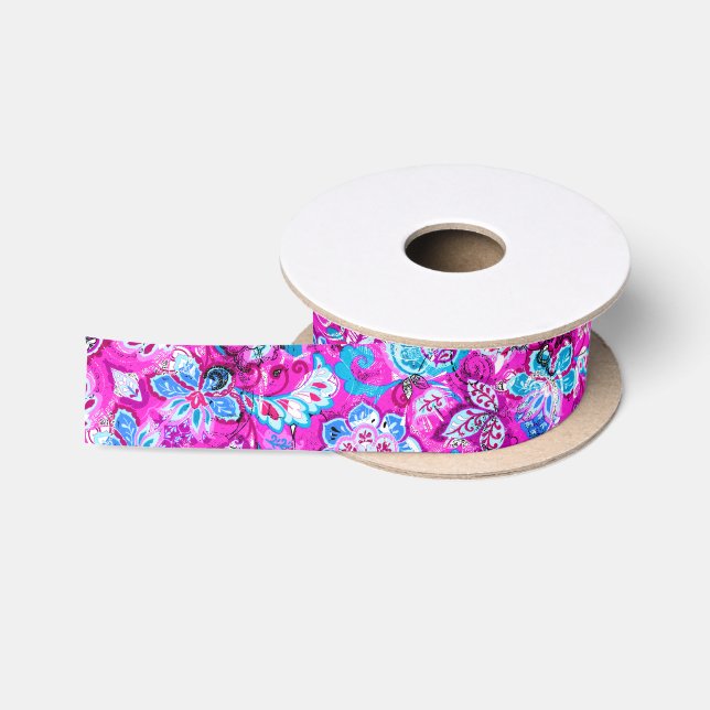 Cute blue pink flowers patterns satin ribbon (Spool)