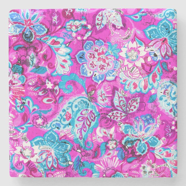 Cute blue pink flowers patterns stone coaster (Front)