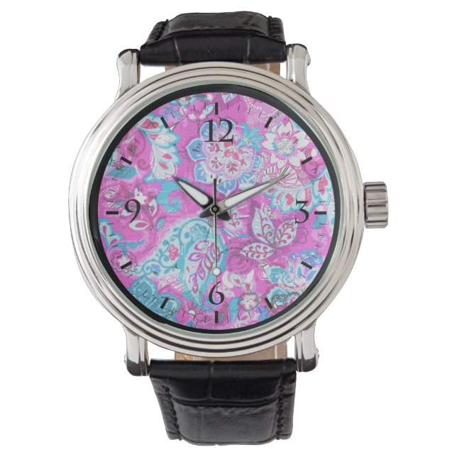 Cute blue pink flowers patterns watch (Front)