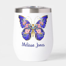 Cute Blue Pink Gold Butterfly Floral Name