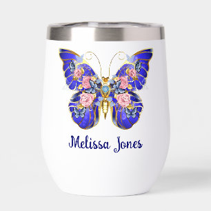Cute Blue Pink Gold Butterfly Floral Name