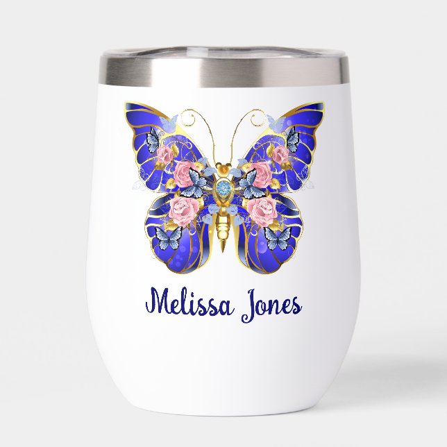 Cute Blue Pink Gold Butterfly Floral Name (Back)