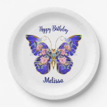 Cute Blue Pink Gold Butterfly Floral Name Birthday