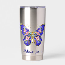 Cute Blue Pink Gold Butterfly Floral Name