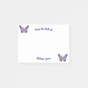 Cute Blue Pink Gold Butterfly Floral Name Post-it Notes