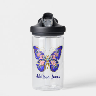 Cute Blue Pink Gold Butterfly Floral Name Water Bottle