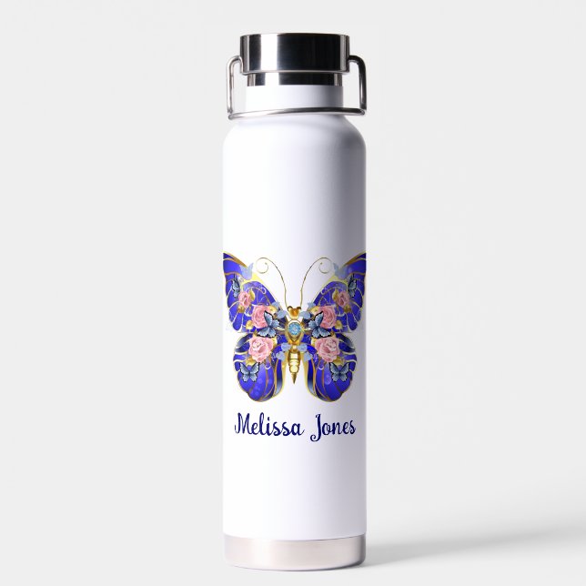 Cute Blue Pink Gold Butterfly Floral Name Water Bottle (Back)