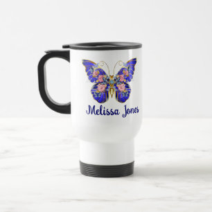 Cute Blue Pink Gold Butterfly Floral Name White Travel Mug