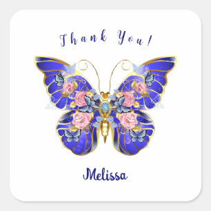 Cute Blue Pink Gold Butterfly Floral Thank You Square Sticker
