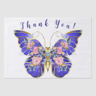 Cute Blue Pink Gold Butterfly Floral Thank You Tissue Paper