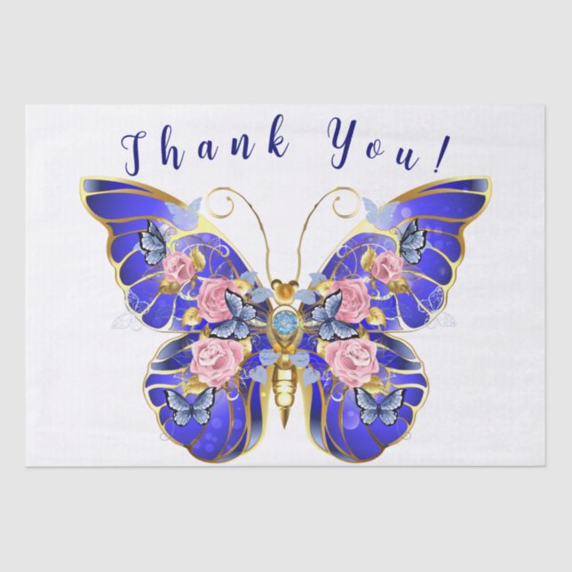 Cute Blue Pink Gold Butterfly Floral Thank You Tissue Paper (Front)