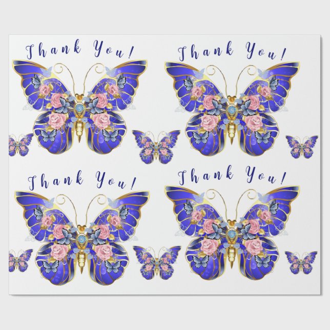 Cute Blue Pink Gold Butterfly Floral Thank You Wrapping Paper (Flat)
