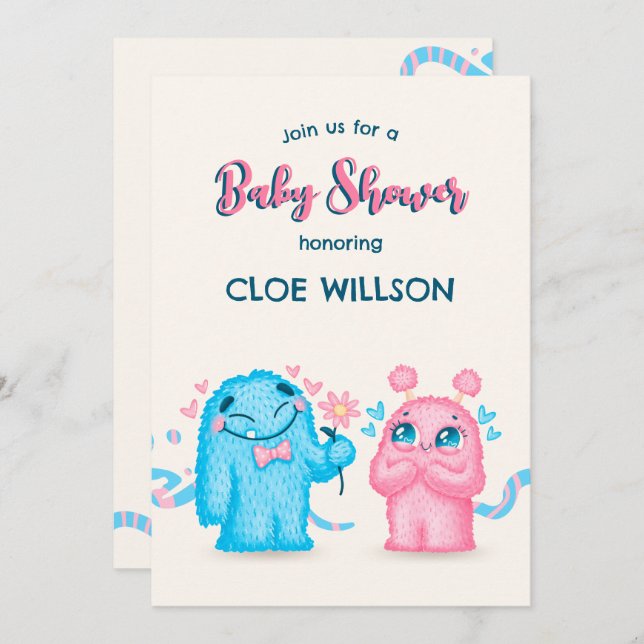 Cute Blue pink Monster gender reveal baby shower  Invitation (Front/Back)
