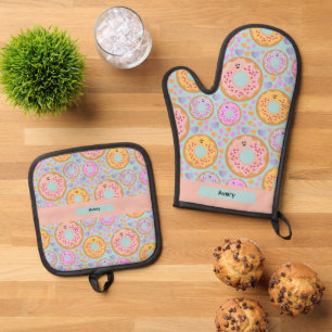Cute Blue Pink Pastel Donuts & Hearts Oven Mitt & Pot Holder Set