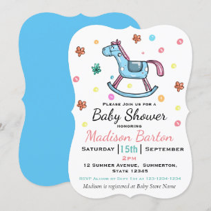 Cute Blue & Pink Rocking Horse Baby Shower Invitation