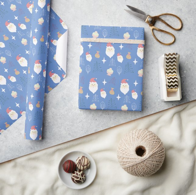 Cute Blue Pink Santa Holiday Pattern Wrapping Paper (Crafts)