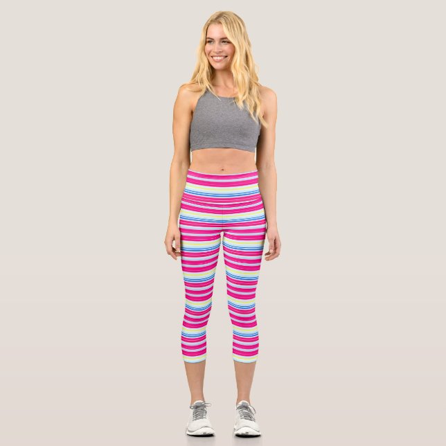 Cute blue pink stripes capri leggings (Front)