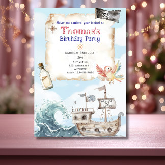 Cute Blue Pirate Ship child's Birthday Invitation