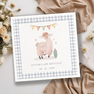 Cute Blue Plaid Cactus Boho Llama Any Age Birthday Napkin