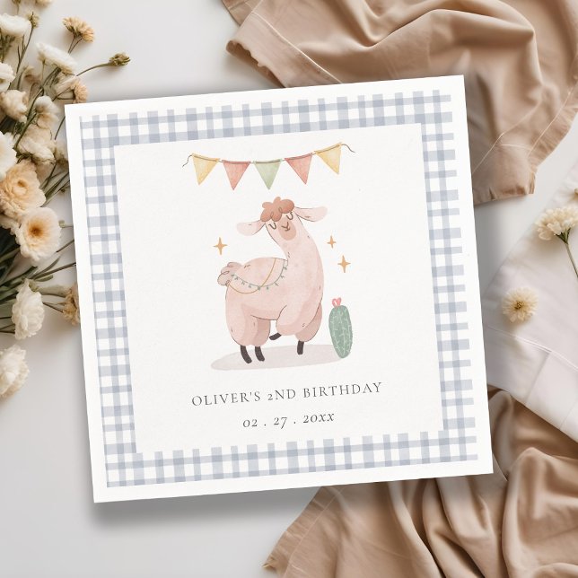 Cute Blue Plaid Cactus Boho Llama Any Age Birthday Napkin (Creator Uploaded)