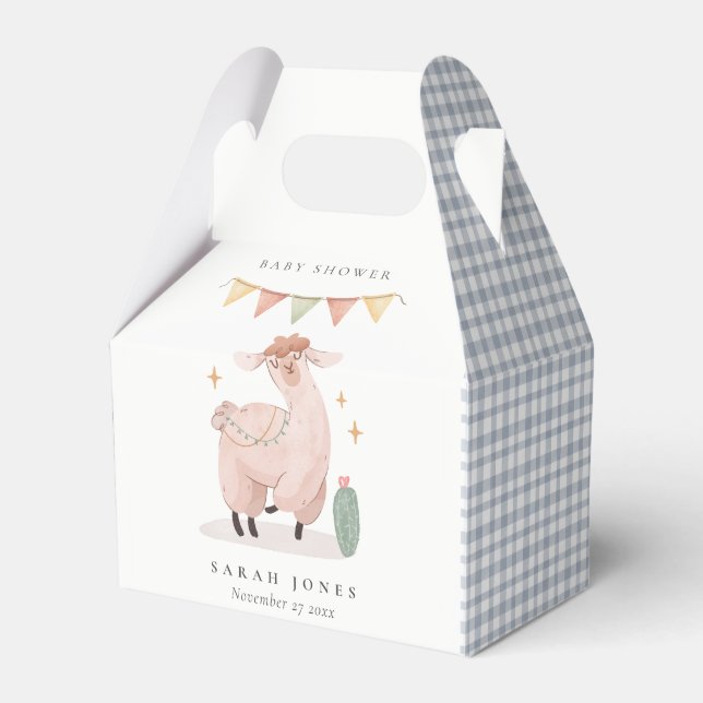 Cute Blue Plaid Cactus Boho Llama Baby Shower Favour Box (Front Side)