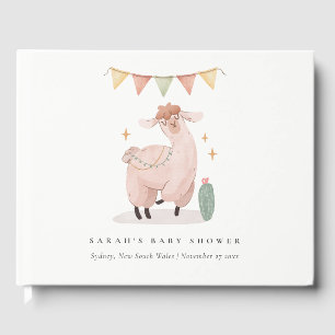 Cute Blue Plaid Cactus Boho Llama Baby Shower Guest Book